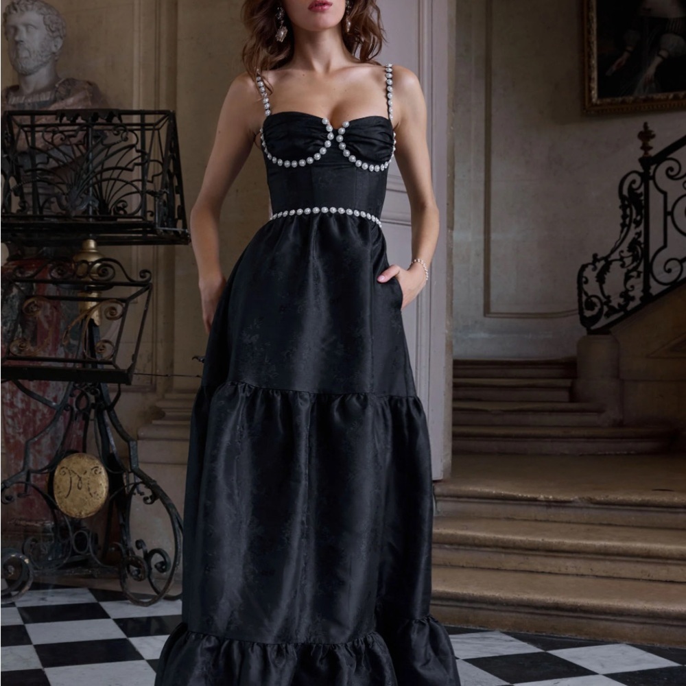 V. Chapman Lucetta Dress Black Pearl-Trim Maxi Dress